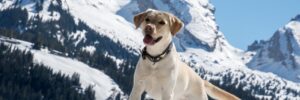 A yellow Labrador Retriever standing proudly in the snow on a winter walk in the mountains.