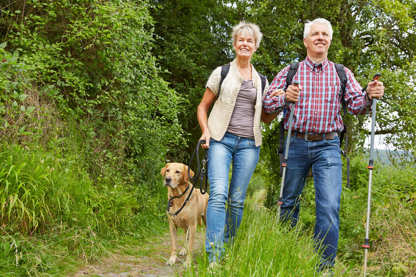 Happy couple of seniors with dog walking with dog